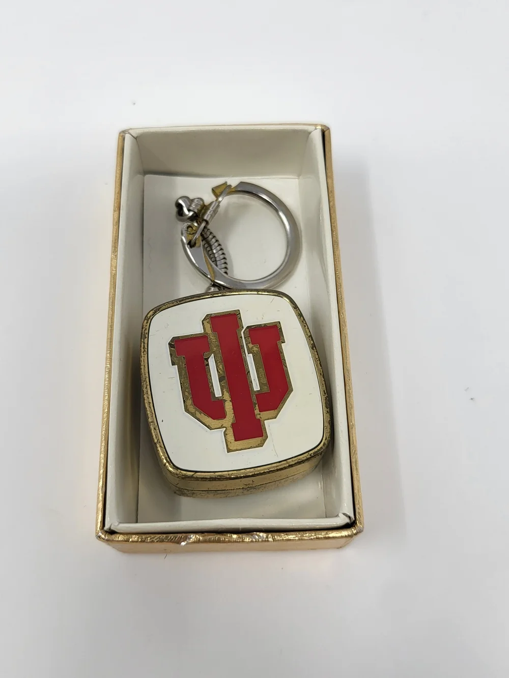 NCAA Red and White IU Logo Keychain with Gold Trim